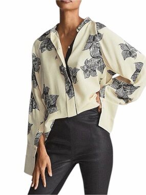 Reiss Harris Floral-Sketch Print Satin Button Down Oversized Mens Wear Blouse